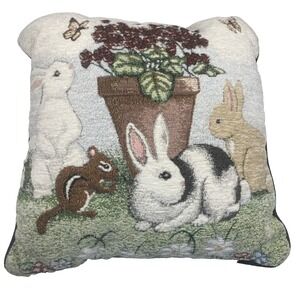 Vtg Kohl's Chenille Easter Tapestry Throw Pillow Bunny Rabbits & Squirrel 16"